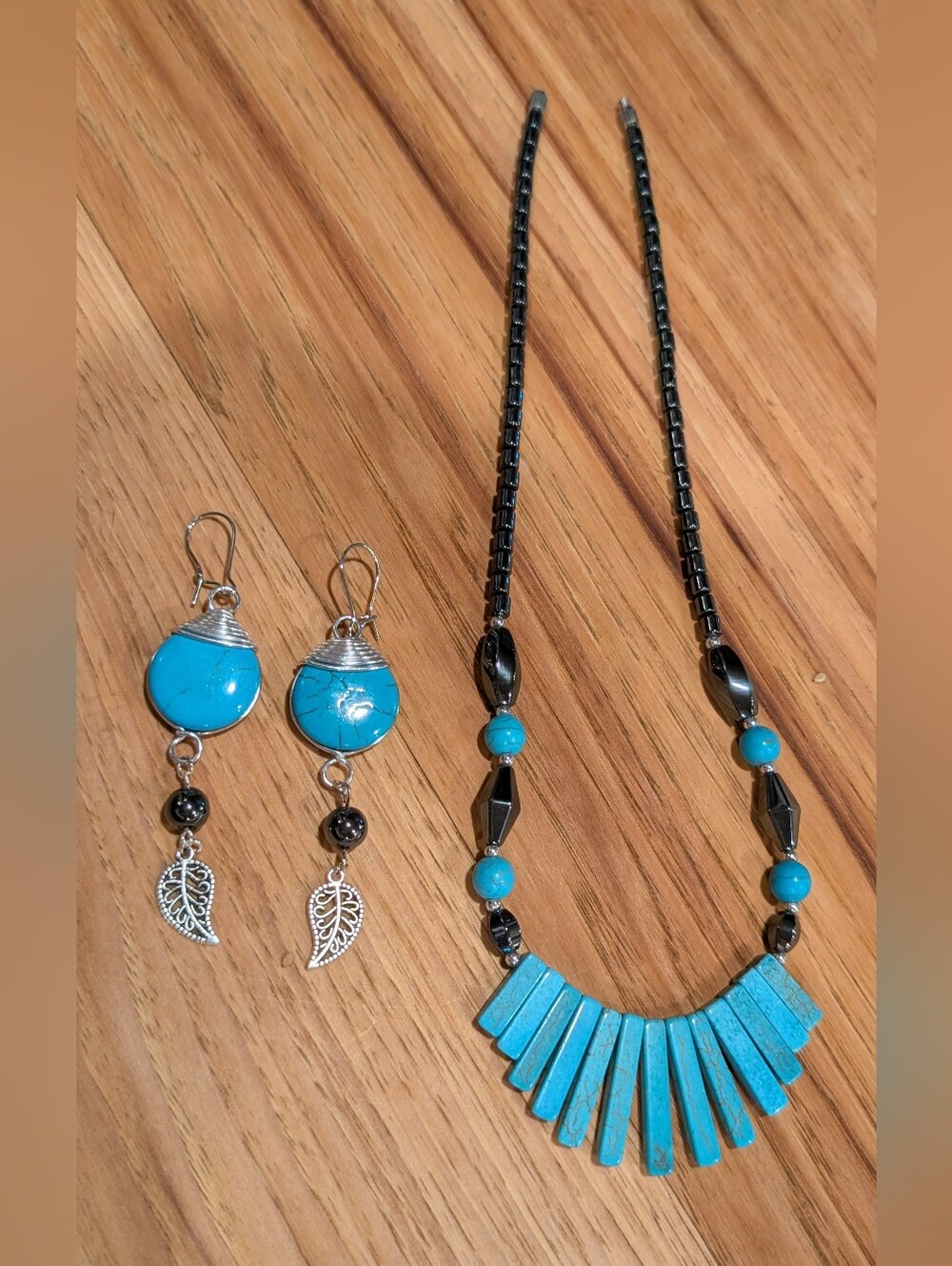 Turquoise and Black Hematite Stone Necklace & Earrings Set